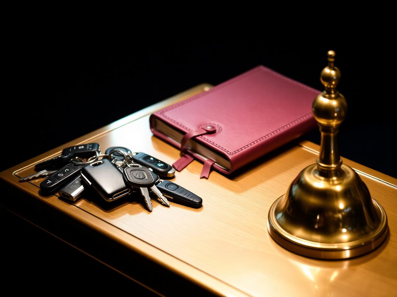 Brass valet podium with keys and leather guest book